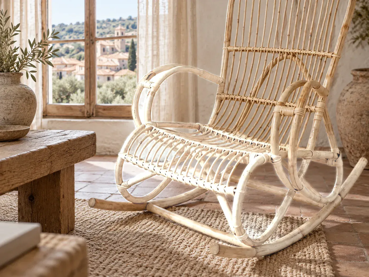 Rocking Chair Louisiane Maisons du Monde, mise en situation dans un salon (illustration IA 5)