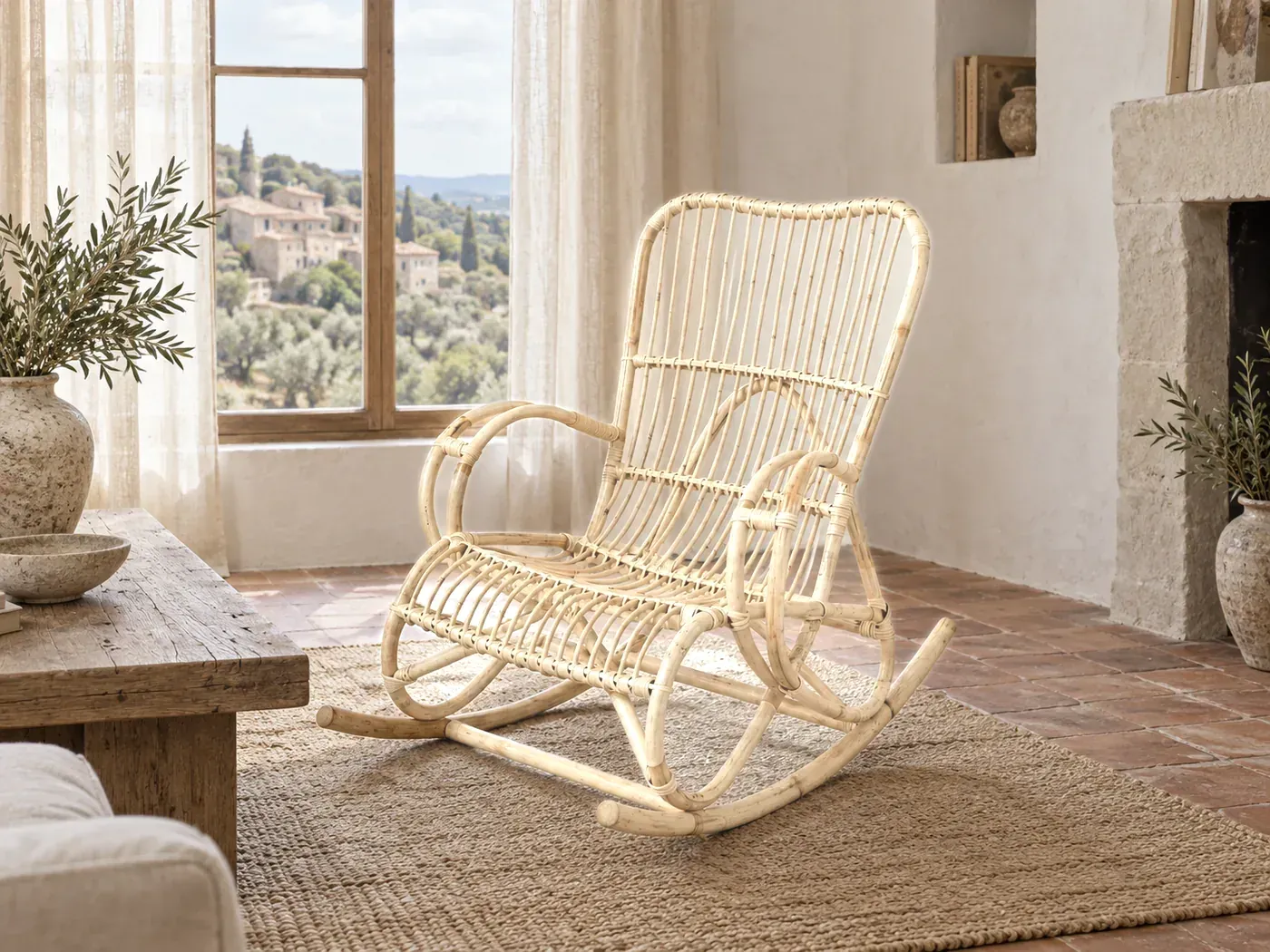 Rocking Chair Louisiane Maisons du Monde, mise en situation dans un salon (illustration IA 6)