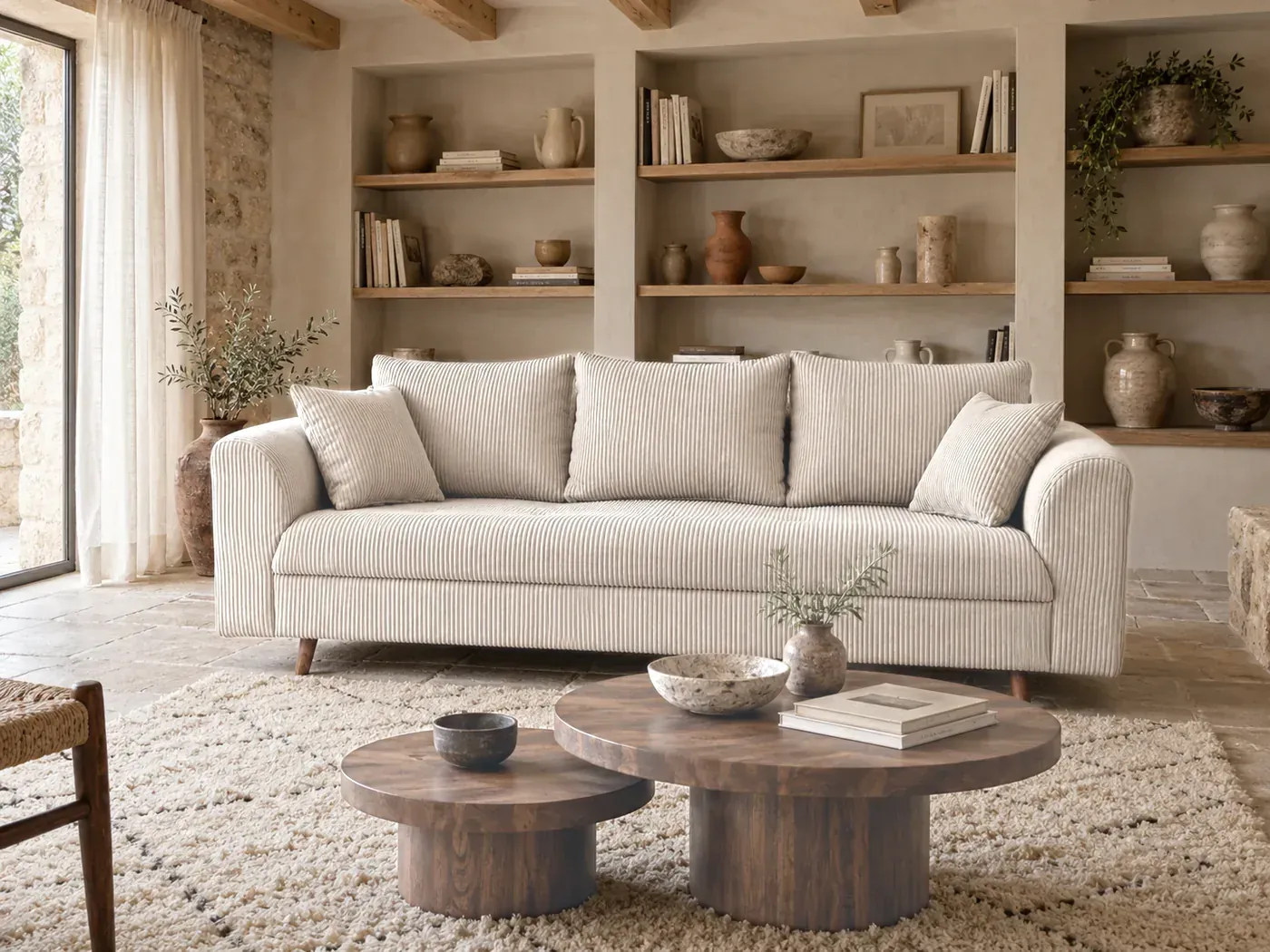 Mise en situation illustrée par IA à partir de la photo du coloris Canapé Rune Maisons du Monde, coloris Beige (mise en situation illustrée par IA)
