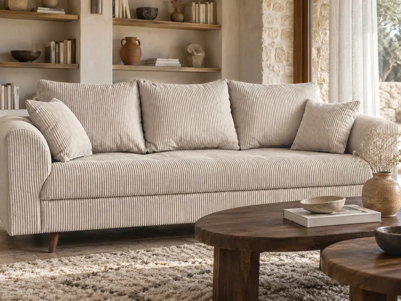 Rune, 3 places droit fixe, velours côtelé, coloris beige : gros plan sur le tissu