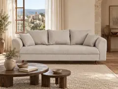 Canapé Rune Maisons du Monde, 3 places droit fixe, velours côtelé, coloris beige, mise en situation dans un salon (illustration IA 3)