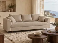 Canapé Rune Maisons du Monde, 3 places droit fixe, velours côtelé, coloris beige, mise en situation dans un salon (illustration IA 4)