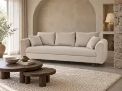 Canapé Rune Maisons du Monde, 3 places droit fixe, velours côtelé, coloris beige, mise en situation dans un salon (illustration IA 6)