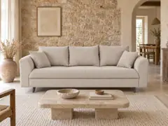 Canapé Rune Maisons du Monde, 3 places droit fixe, velours côtelé, coloris beige, mise en situation dans un salon (illustration IA 7)