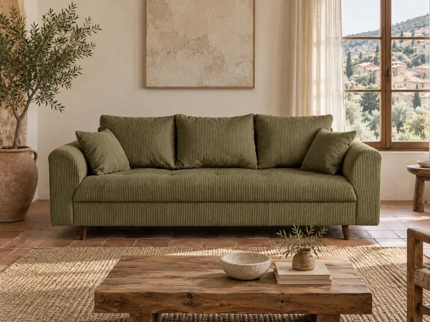 Mise en situation illustrée par IA à partir de la photo du coloris Canapé Rune Best Mobilier, coloris Vert (mise en situation illustrée par IA)