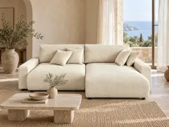 Canapé Pivoine Maisons du Monde, 4 places d'angle convertible, velours côtelé, coloris beige, mise en situation dans un salon (illustration IA 1)