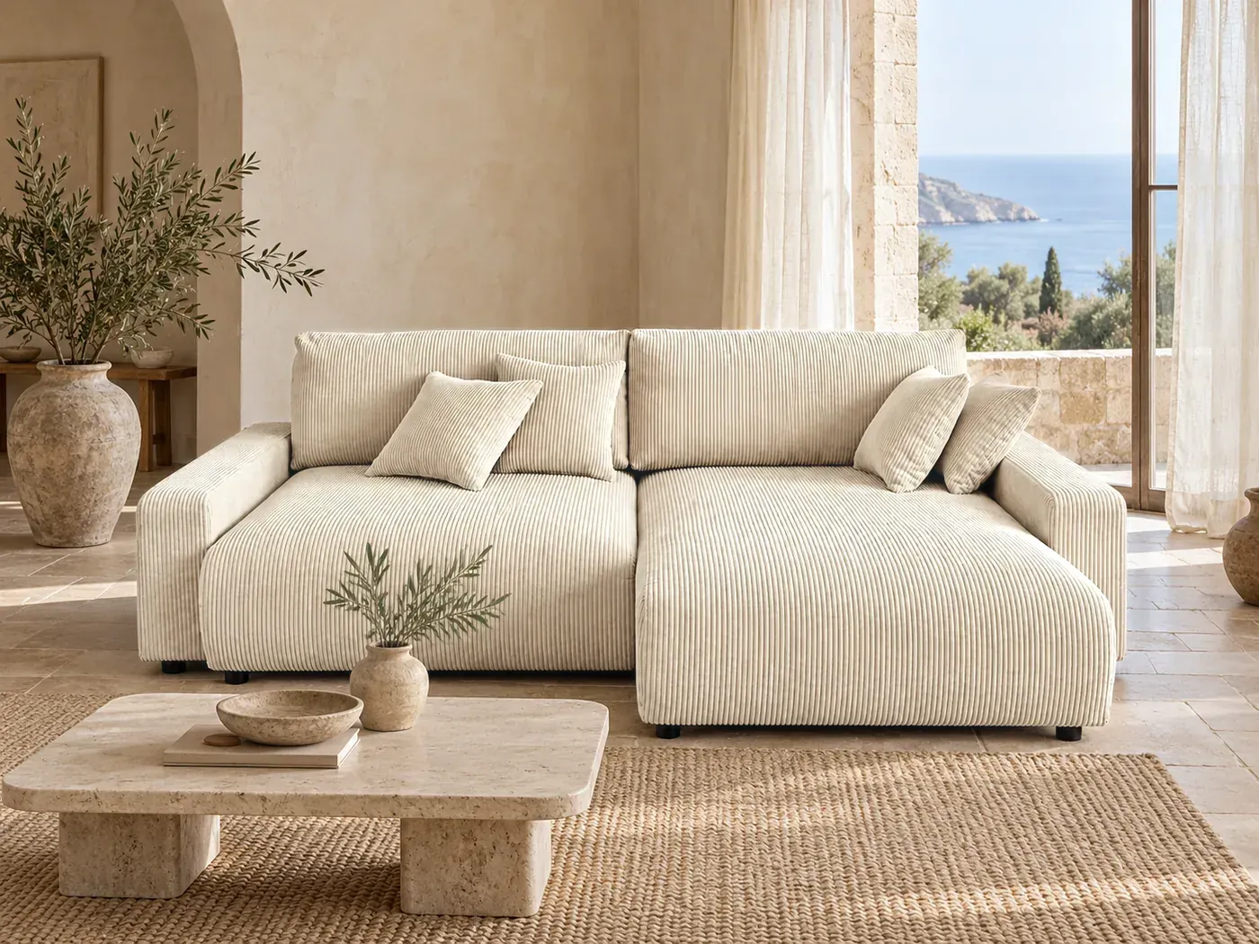 Mise en situation illustrée par IA à partir de la photo du coloris Canapé Pivoine Best Mobilier, coloris Beige (mise en situation illustrée par IA)