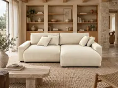 Canapé Pivoine Maisons du Monde, 4 places d'angle convertible, velours côtelé, coloris beige, mise en situation dans un salon (illustration IA 7)