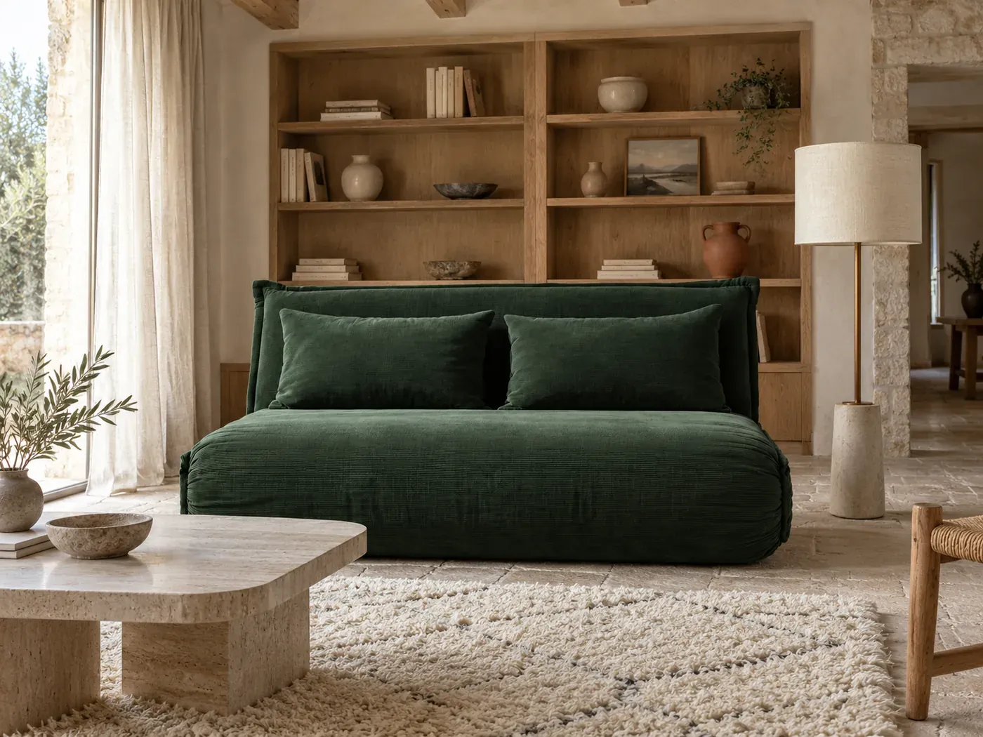 Mise en situation illustrée par IA à partir de la photo du coloris Canapé Hallen Maisons du Monde, coloris Vert (mise en situation illustrée par IA)