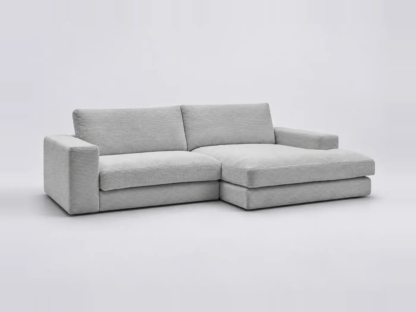 Canapé Leonard Bobochic, 4 places d'angle fixe compact, velours côtelé, coloris gris clair