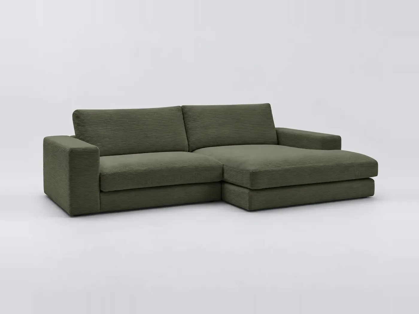 Canapé Leonard Bobochic, 4 places d'angle fixe compact, velours côtelé, coloris vert clair