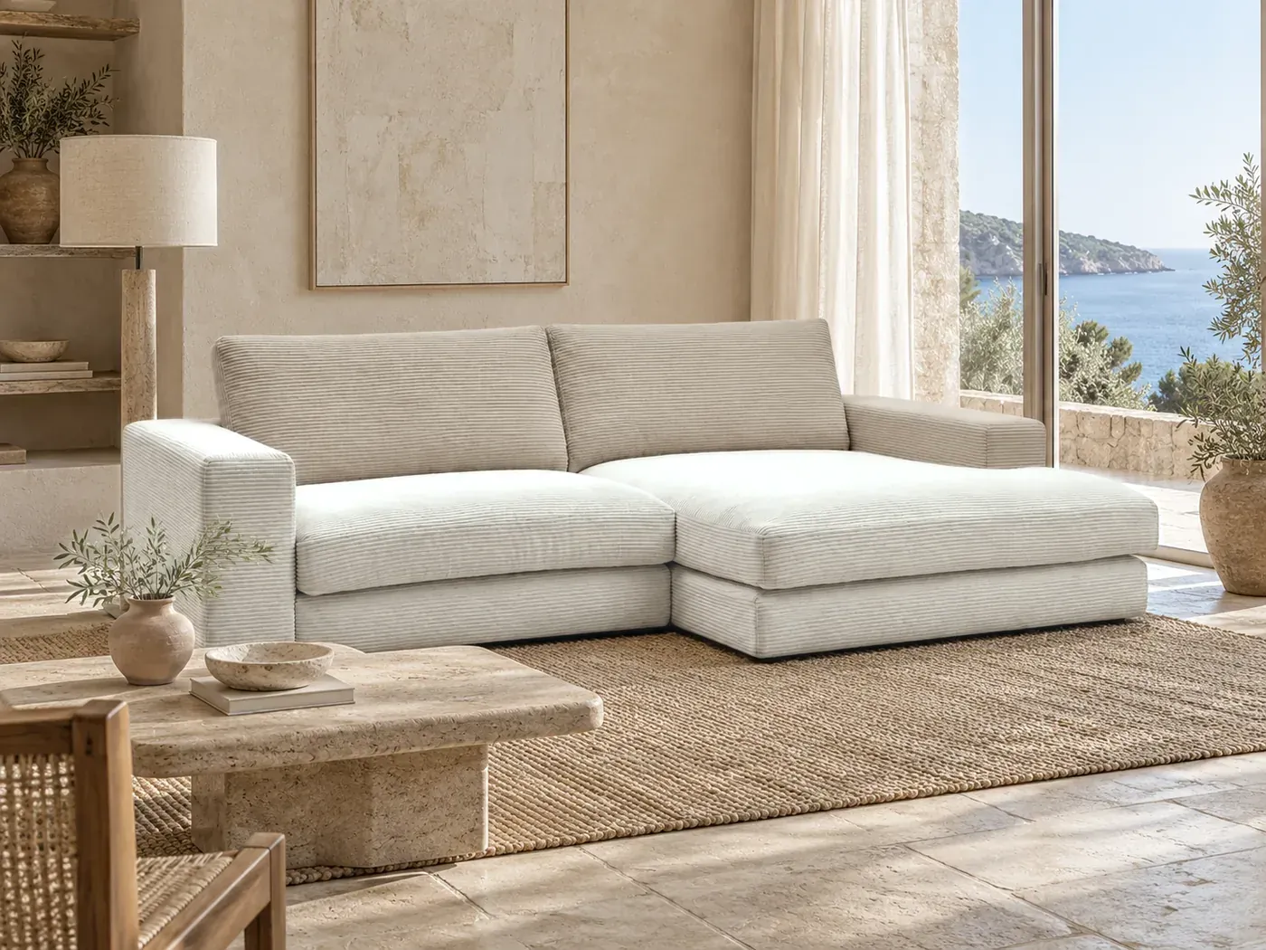 Leonard, 4 places d'angle fixe, velours côtelé, coloris beige, dans un salon de villa avec vue sur la mer