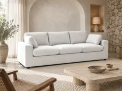 Canapé Belair Bobochic, 3 places droit fixe, coloris beige, mise en situation dans un salon (illustration IA 1)
