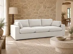 Canapé Belair Bobochic, 3 places droit fixe, coloris beige, mise en situation dans un salon (illustration IA 3)