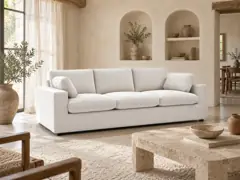 Canapé Belair Bobochic, 3 places droit fixe, coloris beige, mise en situation dans un salon (illustration IA 4)