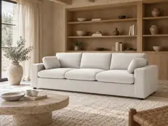 Canapé Belair Bobochic, 3 places droit fixe, coloris beige, mise en situation dans un salon (illustration IA 6)