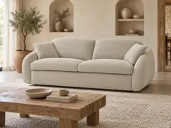 Canapé Cezane Bobochic, 3 places droit convertible express couchage 140x194, tissu lisse, coloris beige, mise en situation dans un salon