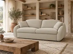 Canapé Cezane Bobochic, 3 places droit convertible express couchage 140x194, tissu lisse, coloris beige, mise en situation dans un salon