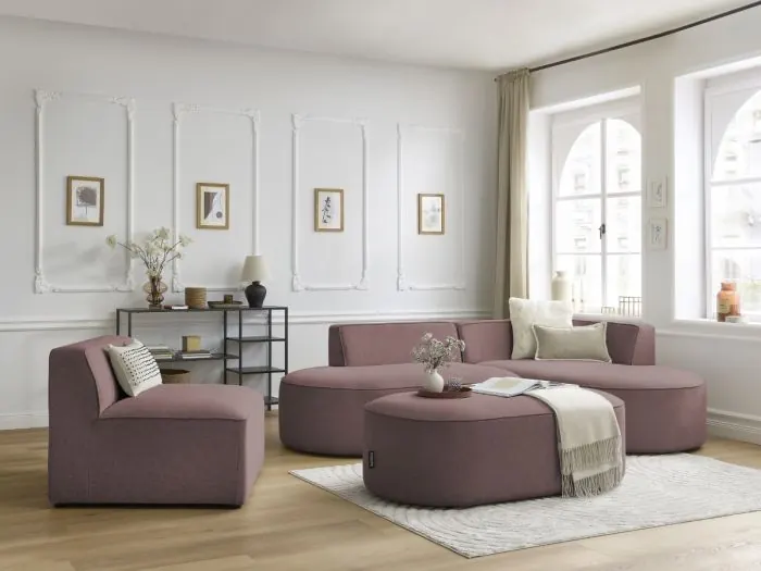 Canapé Rousseau Bobochic, 6 places d'angle fixe modulable (1 chauffeuse), tissu chiné, coloris rose