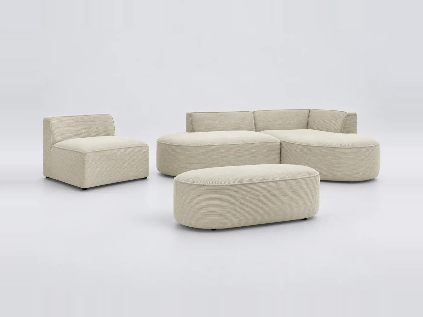 Canapé Rousseau Bobochic, 6 places d'angle fixe modulable (1 chauffeuse), velours côtelé, coloris beige