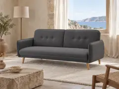 Canapé Nora Maisons du Monde, 3 places droit convertible, tissu, coloris gris fonce, mise en situation dans un salon (illustration IA 1)