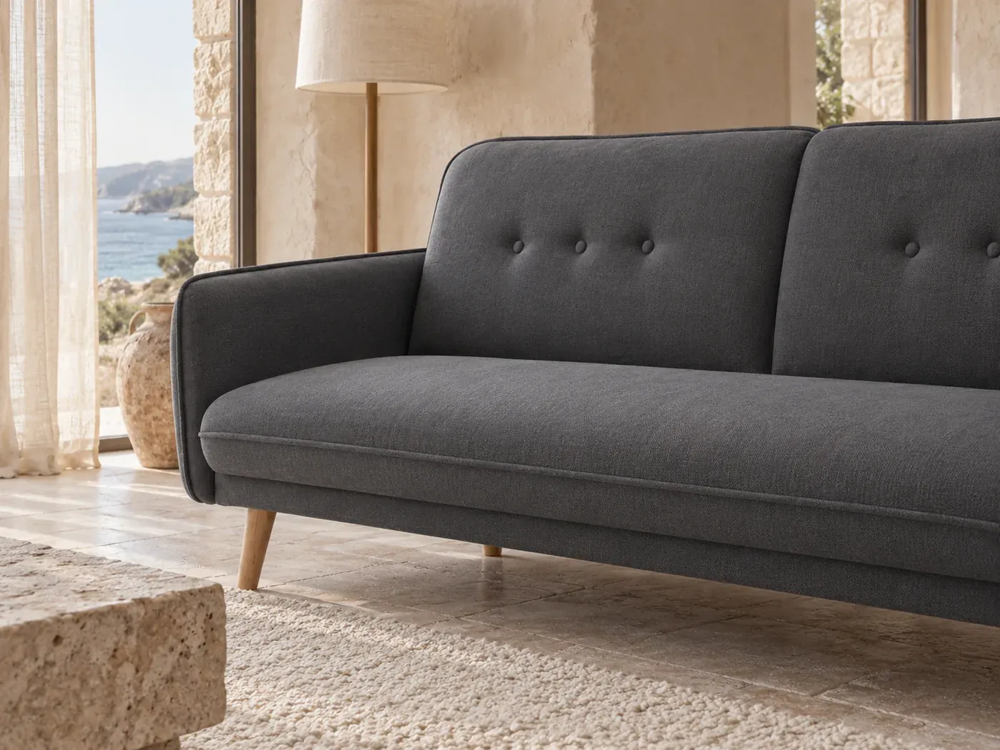 Nora, 3 places droit convertible, tissu, coloris gris fonce : gros plan sur le tissu