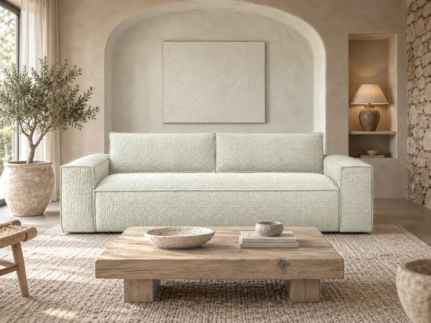Mise en situation illustrée par IA à partir de la photo du coloris Canapé Joan Maisons du Monde, coloris Crème (mise en situation illustrée par IA)