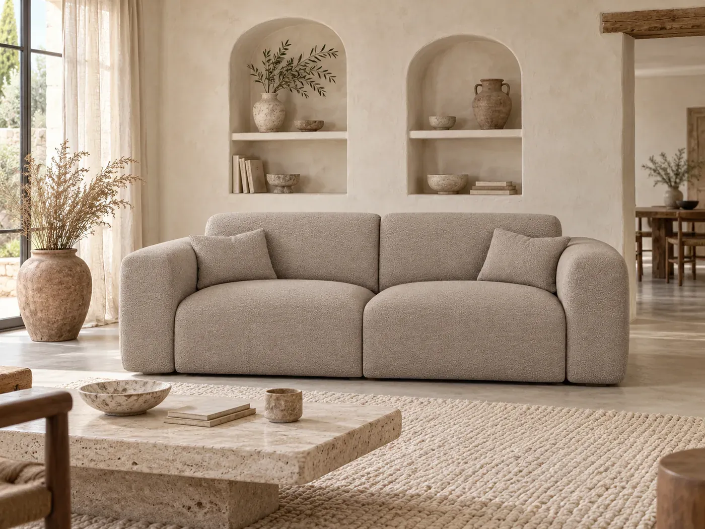Canapé Myra Maisons du Monde, coloris Taupe (mise en situation illustrée par IA)