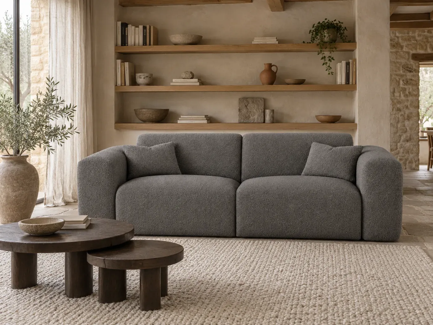 Mise en situation illustrée par IA à partir de la photo du coloris Canapé Myra Sia Home, coloris Gris graphite (mise en situation illustrée par IA)