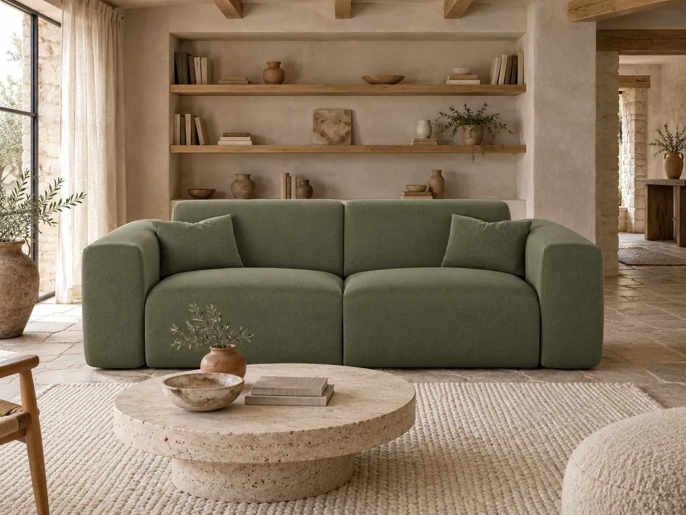 Canapé Myra Sia Home, coloris Vert olive (mise en situation illustrée par IA)