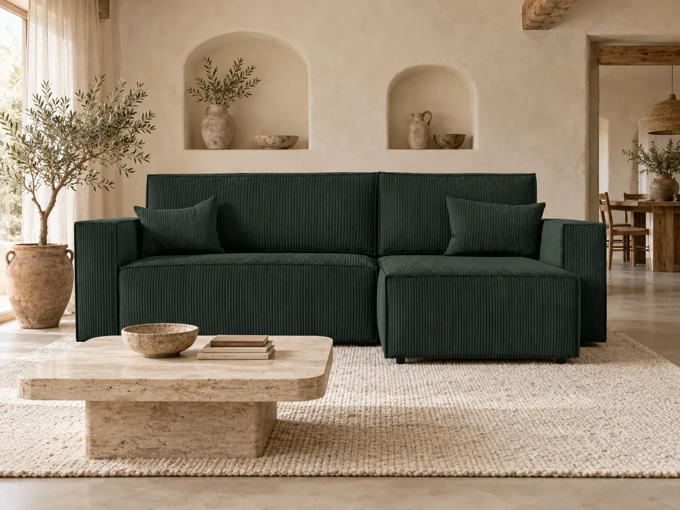 Mise en situation illustrée par IA à partir de la photo du coloris Canapé Clarisse Maisons du Monde, coloris Vert foncé (mise en situation illustrée par IA)