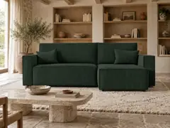 Canapé Clarisse Maisons du Monde, 3 places d'angle convertible, velours côtelé, coloris vert foncé, mise en situation dans un salon (illustration IA