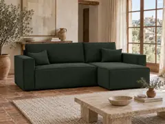 Canapé Clarisse Maisons du Monde, 3 places d'angle convertible, velours côtelé, coloris vert foncé, mise en situation dans un salon (illustration IA