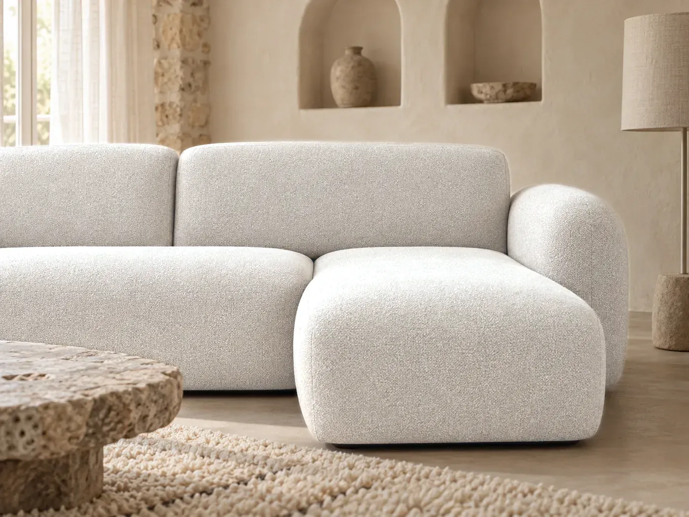 Danilo, 3 places d'angle fixe, tissu chiné, coloris ecru : gros plan sur les coussins