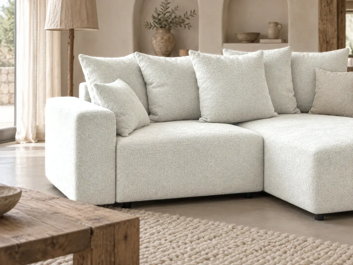 Atilla, 3 places d'angle convertible, tissu chiné, coloris blanc : gros plan sur le tissu