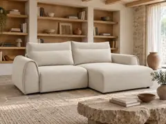 Canapé Aden Bobochic, 3 places d'angle fixe compact, coloris beige, mise en situation dans un salon (illustration IA 1)