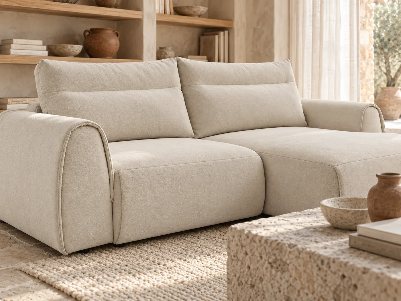 Aden, 3 places d'angle fixe compact, coloris beige : gros plan sur le tissu