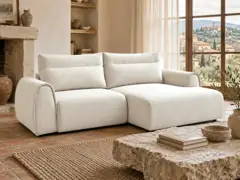 Canapé Aden Bobochic, 3 places d'angle fixe compact, coloris beige, mise en situation dans un salon (illustration IA 3)