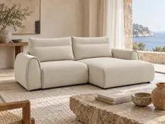 Canapé Aden Bobochic, 3 places d'angle fixe compact, coloris beige, mise en situation dans un salon (illustration IA 4)