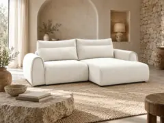 Canapé Aden Bobochic, 3 places d'angle fixe compact, coloris beige, mise en situation dans un salon (illustration IA 6)