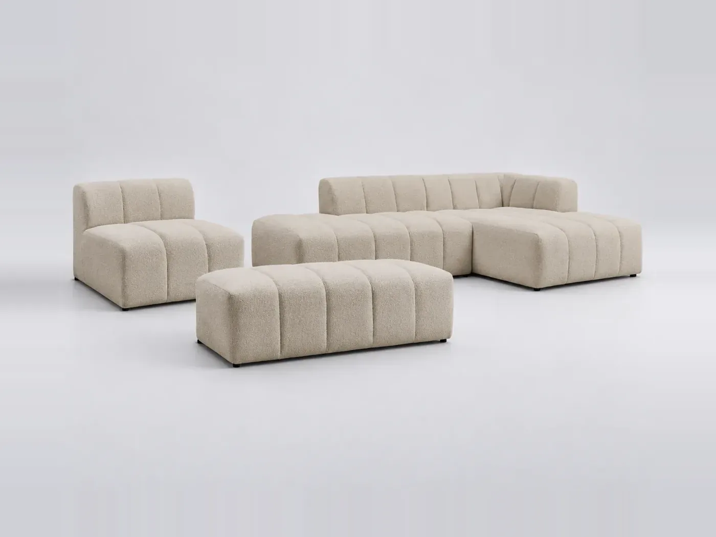 Canapé Annecy Bobochic, 5 places d'angle fixe modulable (1 chauffeuse), bouclette, coloris beige