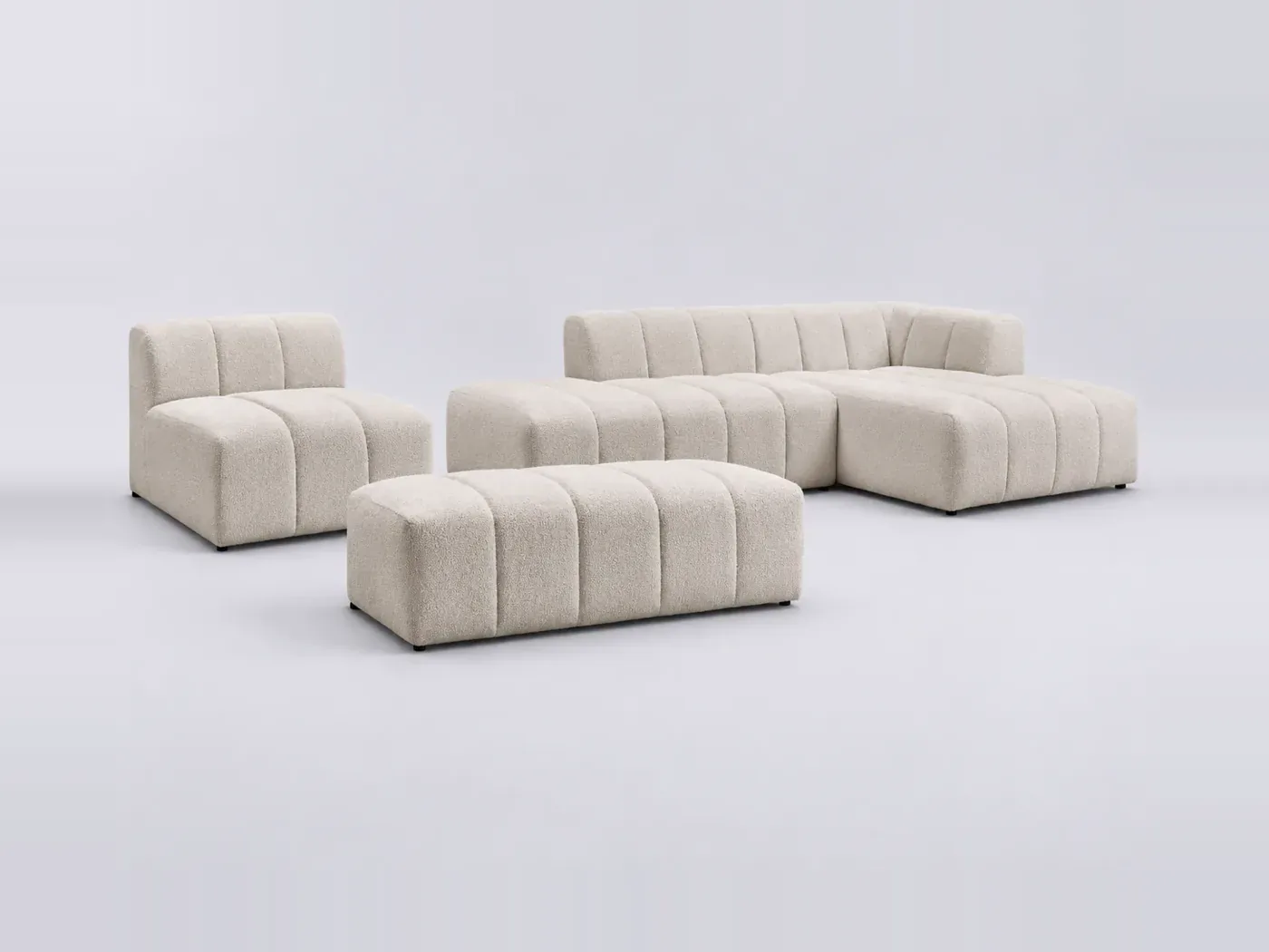 Canapé Annecy Bobochic, 5 places d'angle fixe modulable (1 chauffeuse), bouclette, coloris blanc
