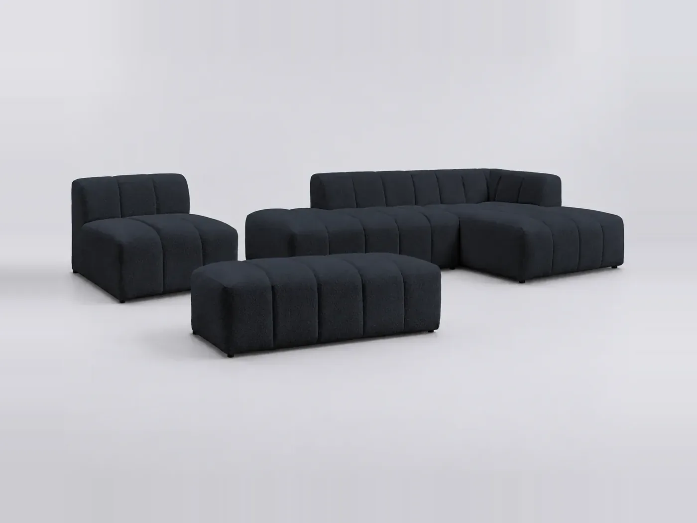 Canapé Annecy Bobochic, 5 places d'angle fixe modulable (1 chauffeuse), bouclette, coloris bleu foncé