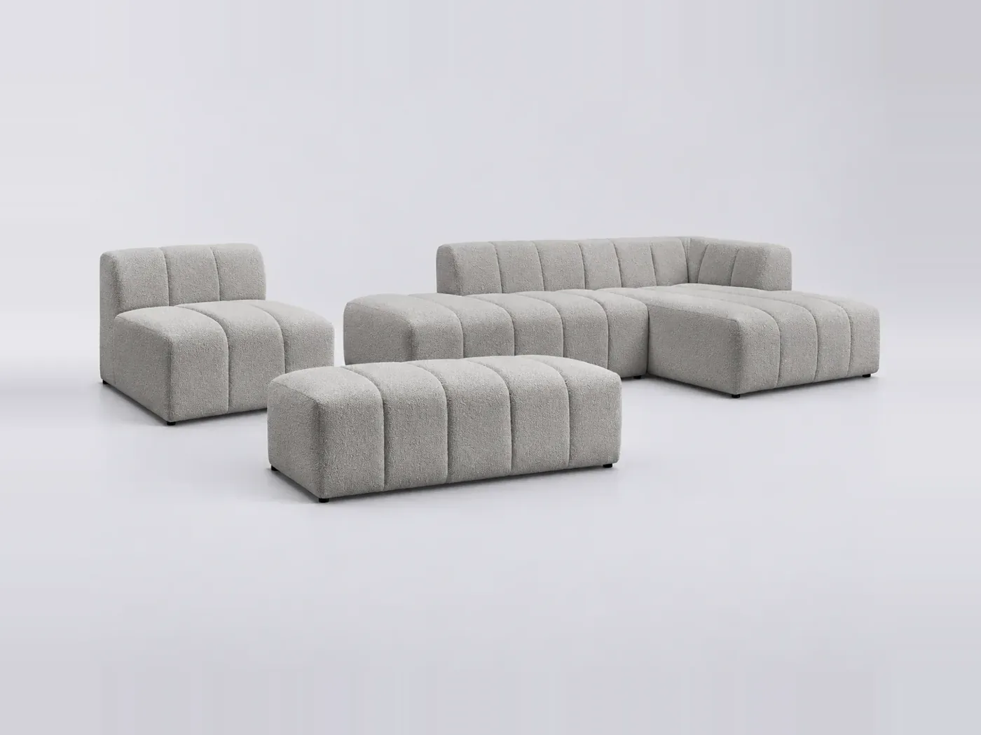Canapé Annecy Bobochic, 5 places d'angle fixe modulable (1 chauffeuse), bouclette, coloris gris clair