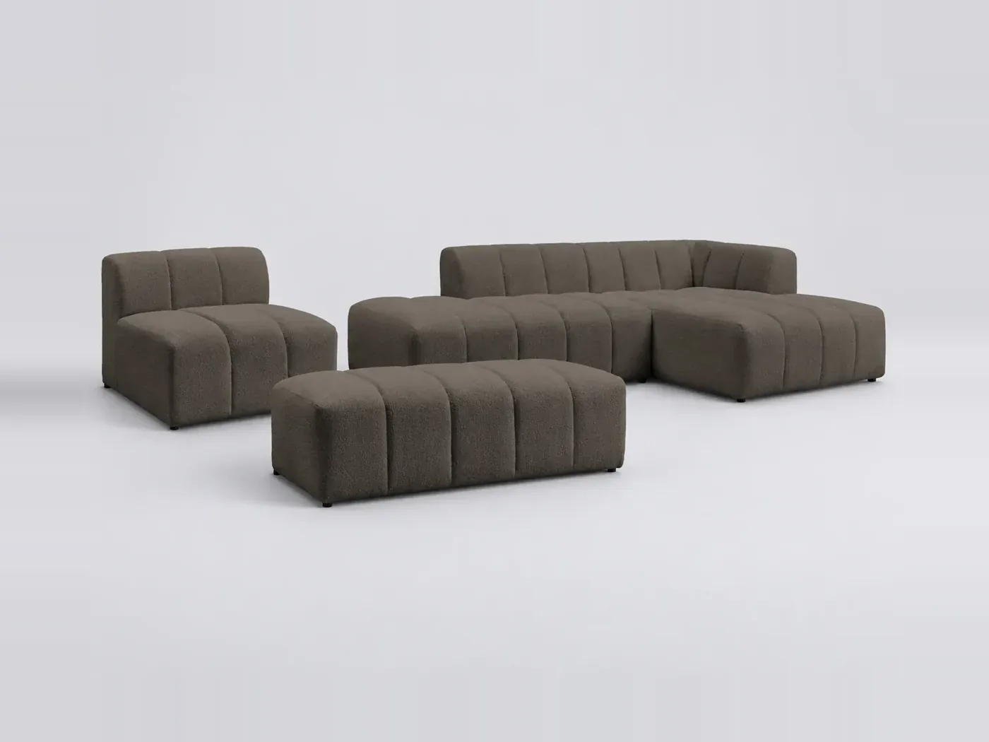 Canapé Annecy Bobochic, 5 places d'angle fixe modulable (1 chauffeuse), bouclette, coloris marron