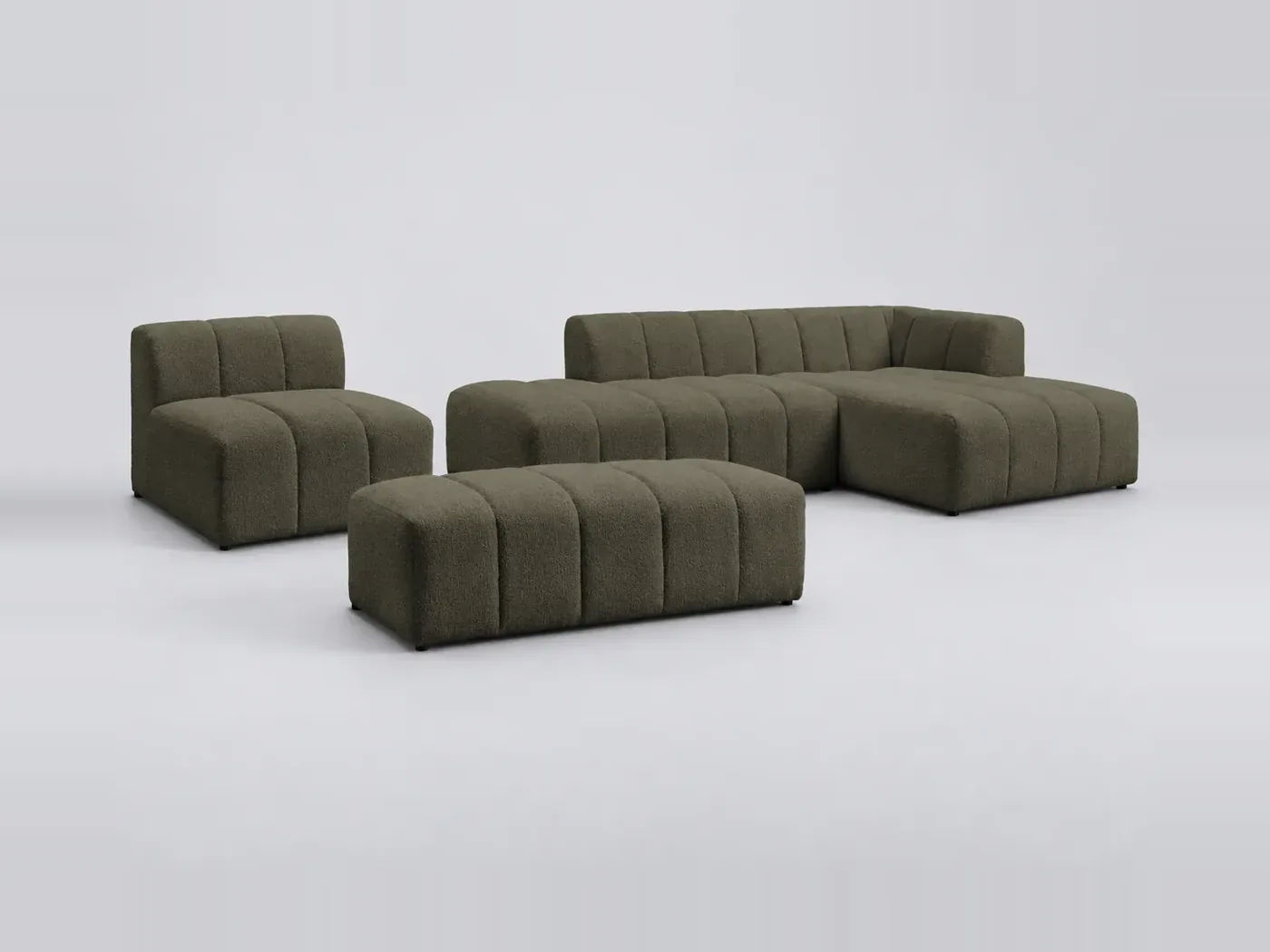 Canapé Annecy Bobochic, 5 places d'angle fixe modulable (1 chauffeuse), bouclette, coloris vert
