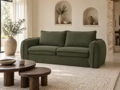 Canapé Archimede Bobochic, 3 places droit convertible express couchage 140x194, coloris vert, mise en situation dans un salon (illustration IA 1)