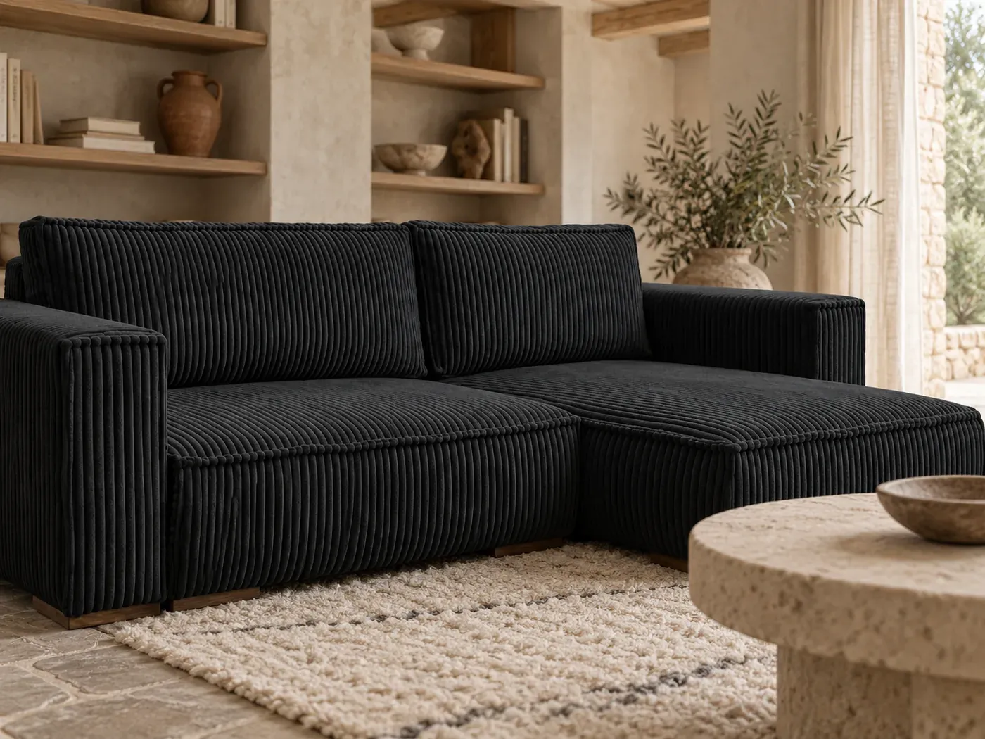 Chelsea, 3 places d'angle convertible, gros côtelé doux, coloris noir : gros plan sur le tissu