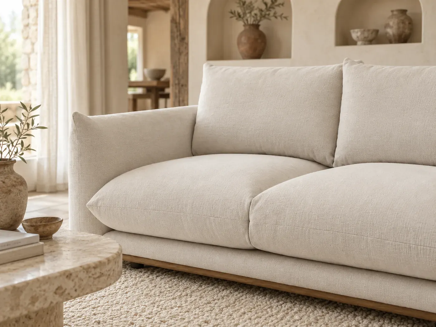 Ernest, 2 places droit fixe, tissu, coloris beige : gros plan sur les coussins