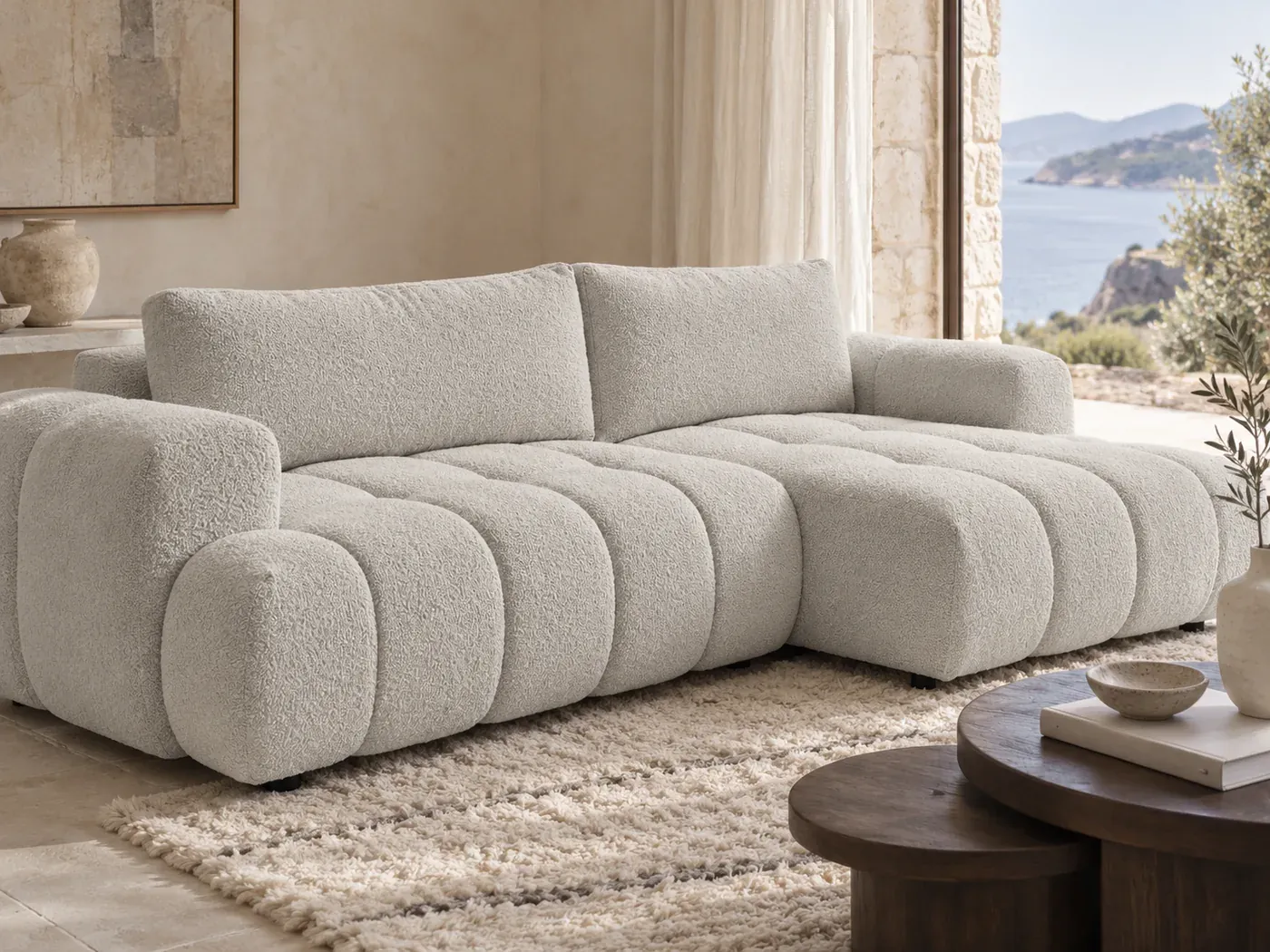 Fuji, 3 places d'angle convertible, bouclette, coloris blanc : gros plan sur le tissu